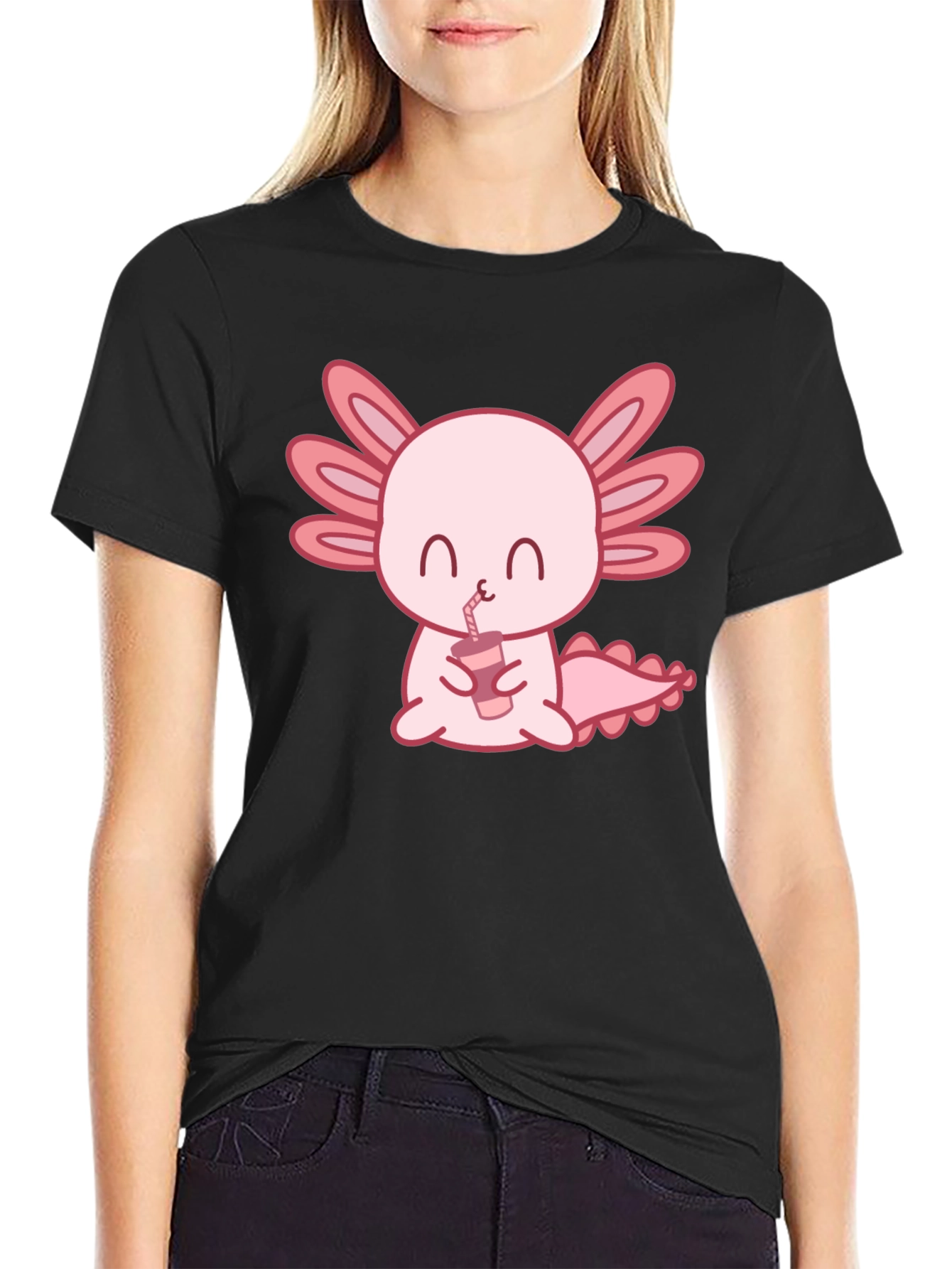 Cute Axolotl Drinking Bubble Tea Graphic T-Shirt
