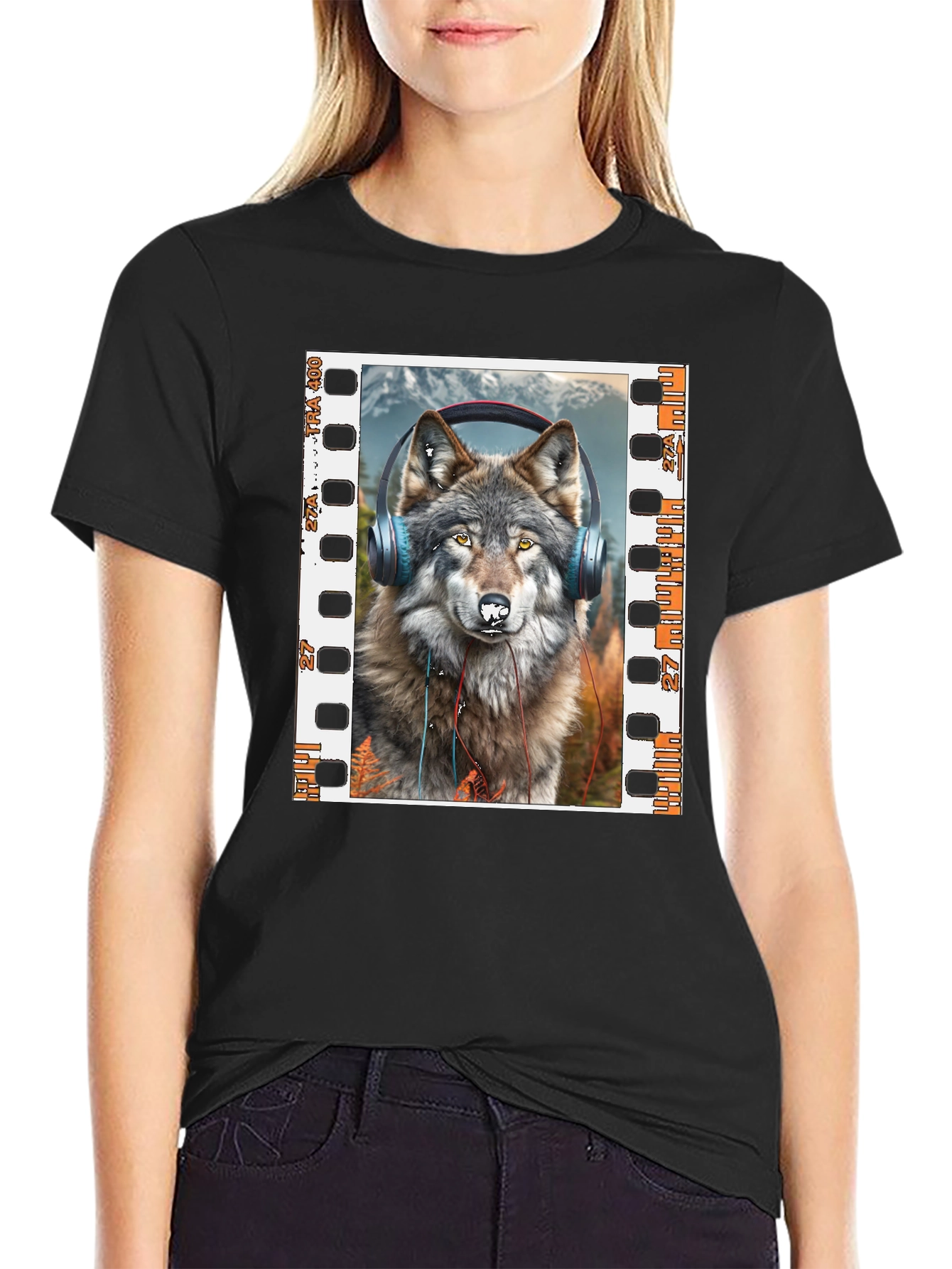 Wolf Headphones Graphic Print T-Shirt