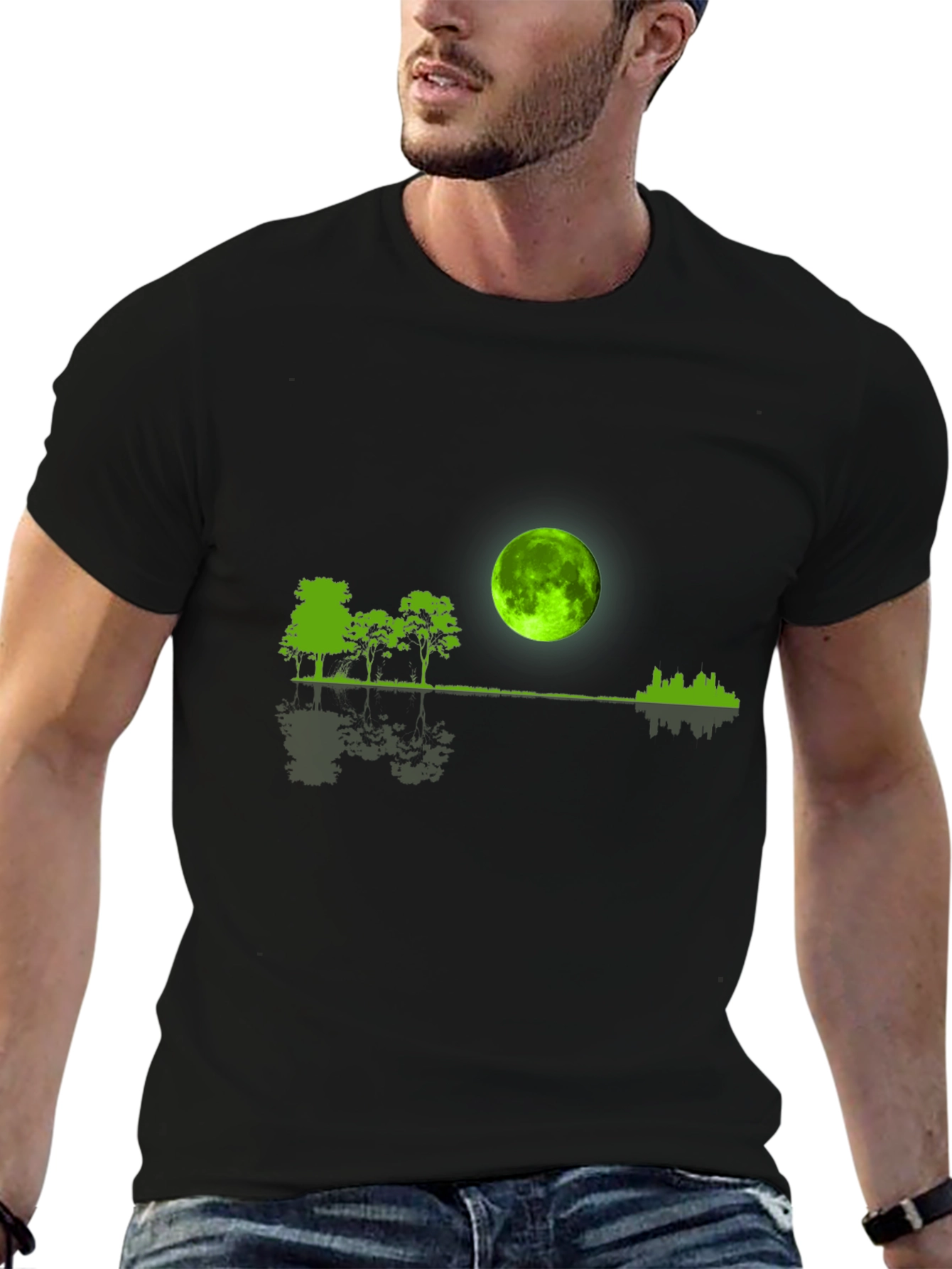 Green Moon Graphic Black T-Shirt