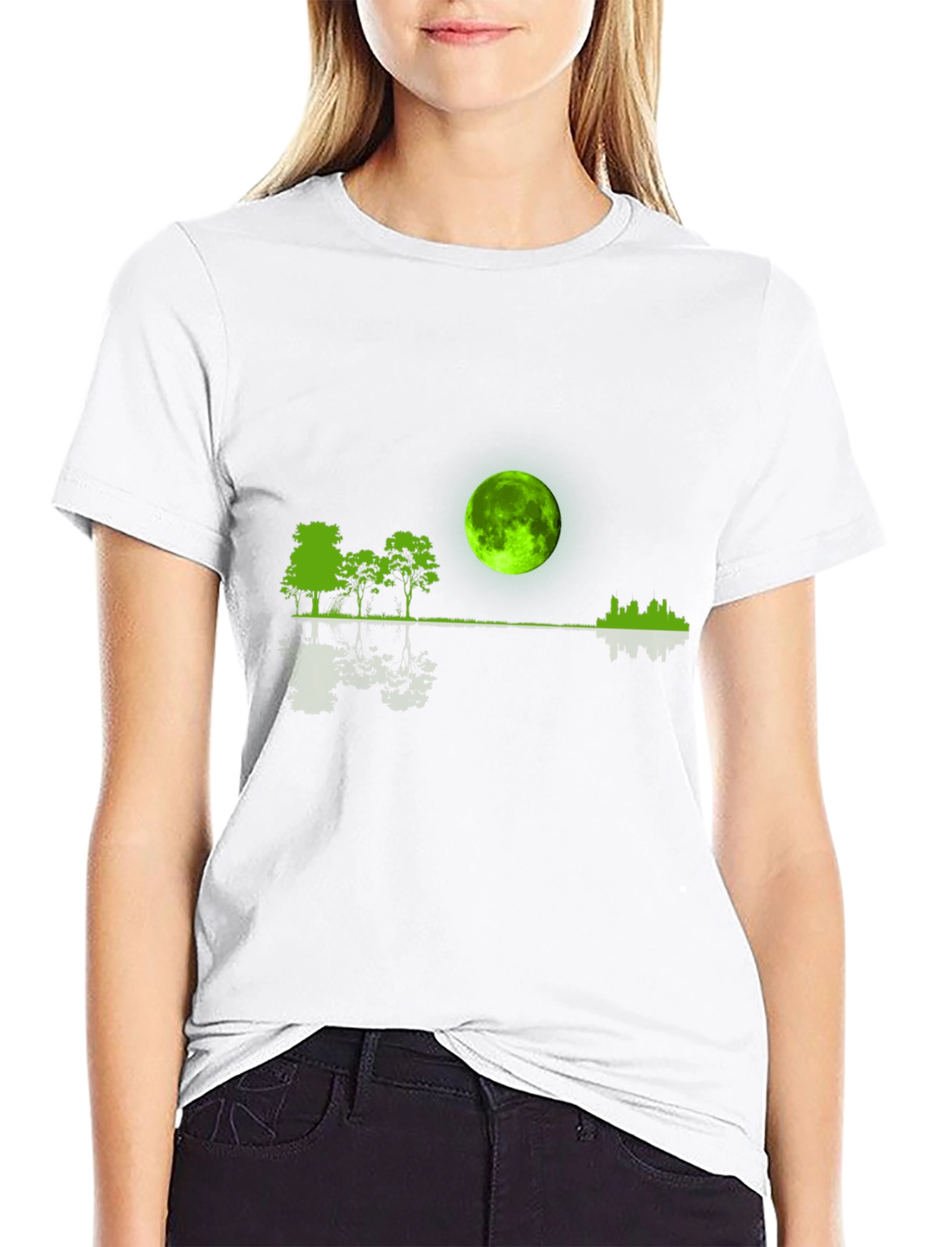 Green Moon Graphic Black T-Shirt