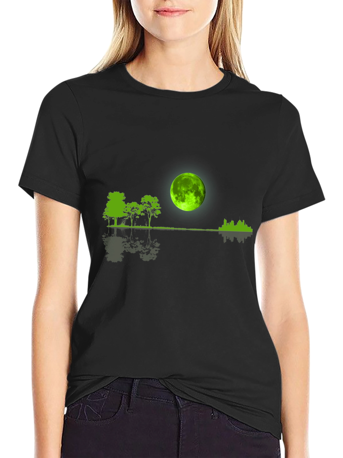 Green Moon Graphic Black T-Shirt
