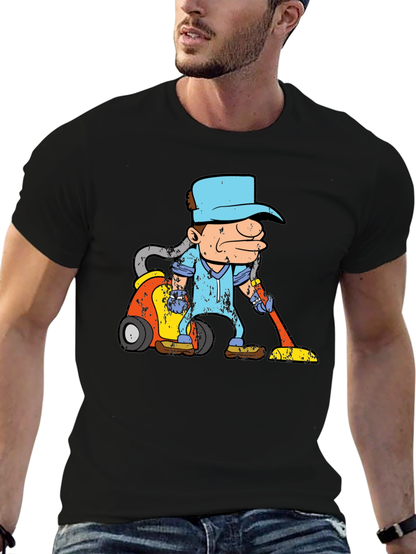 Cartoon Janitor Black T-Shirt