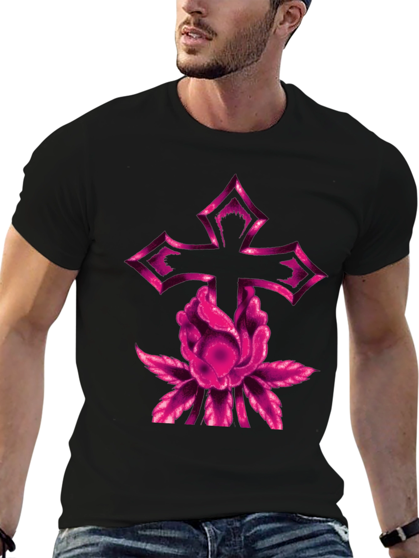 Floral Cross Graphic Tee - Modern Black T-Shirt