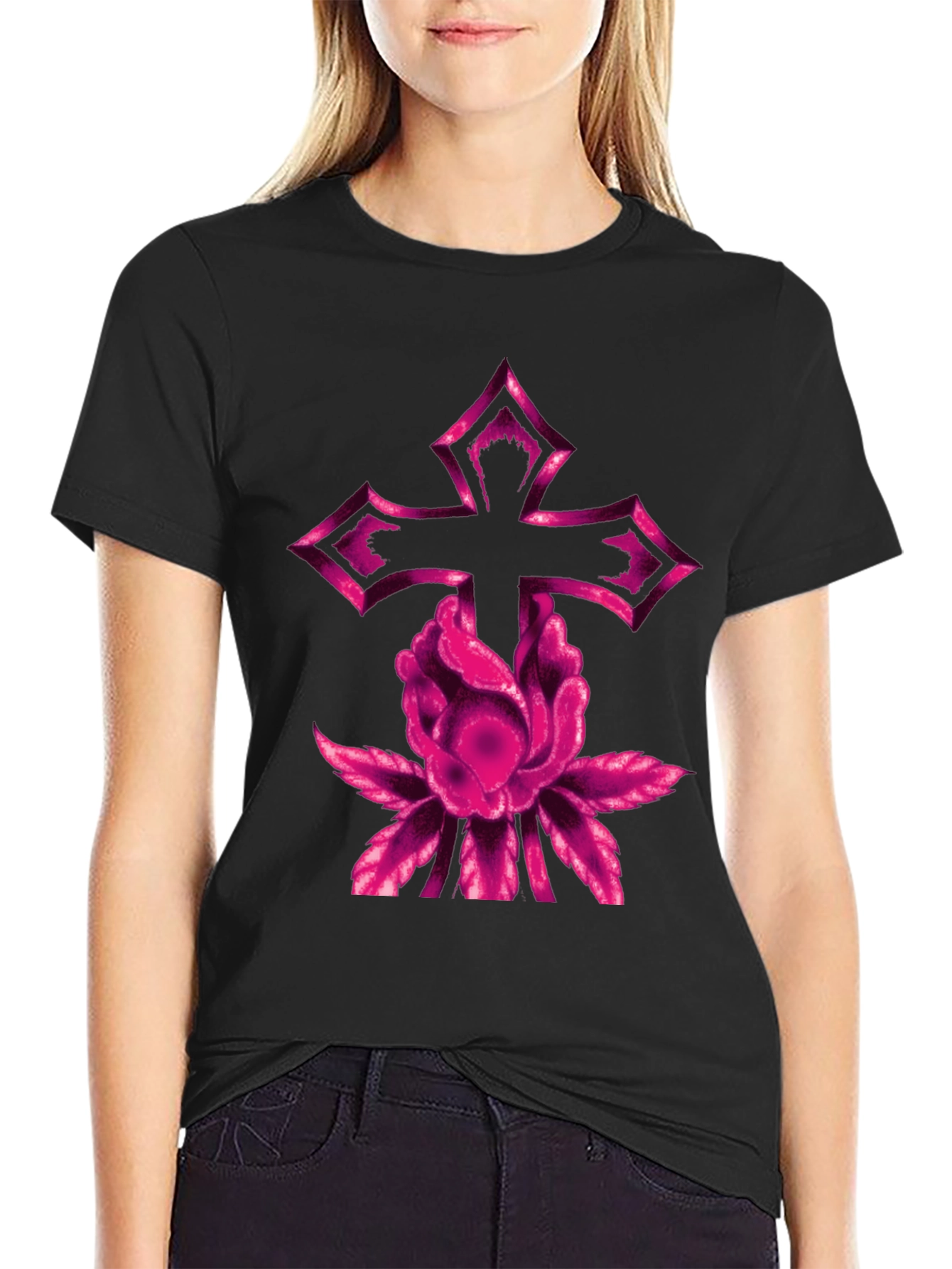 Floral Cross Graphic Tee - Modern Black T-Shirt