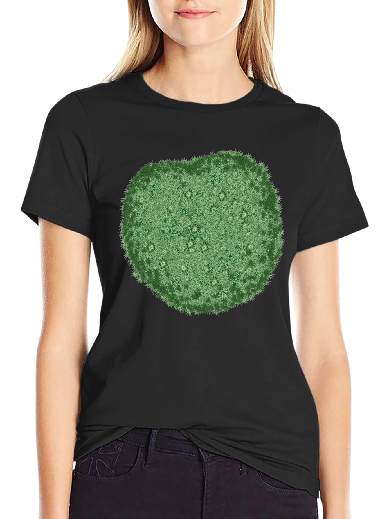 Unique Green Botanical Print Black T-Shirt