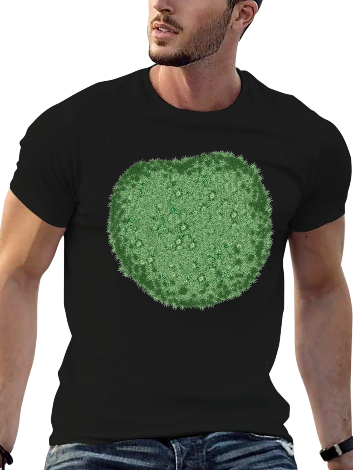 Unique Green Botanical Print Black T-Shirt