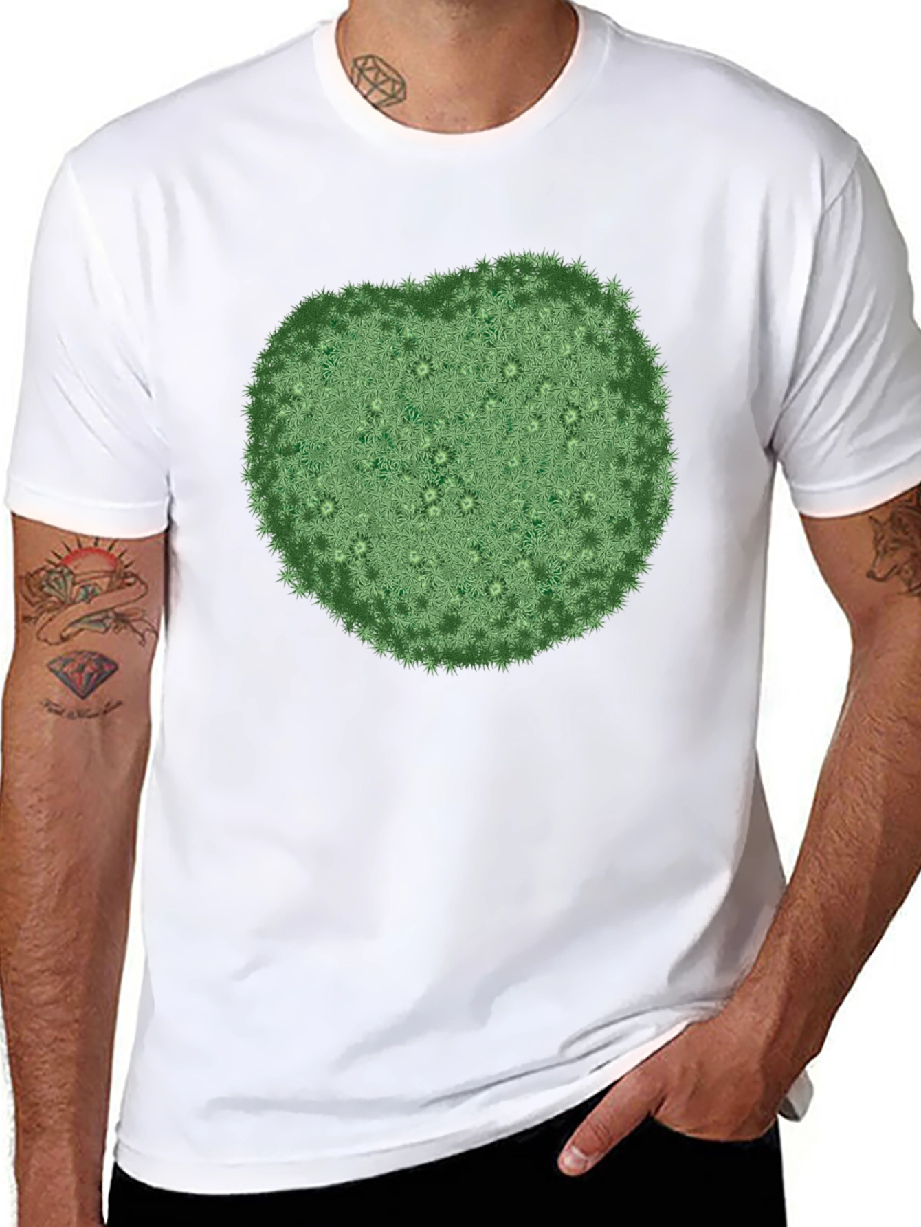 Unique Green Botanical Print Black T-Shirt