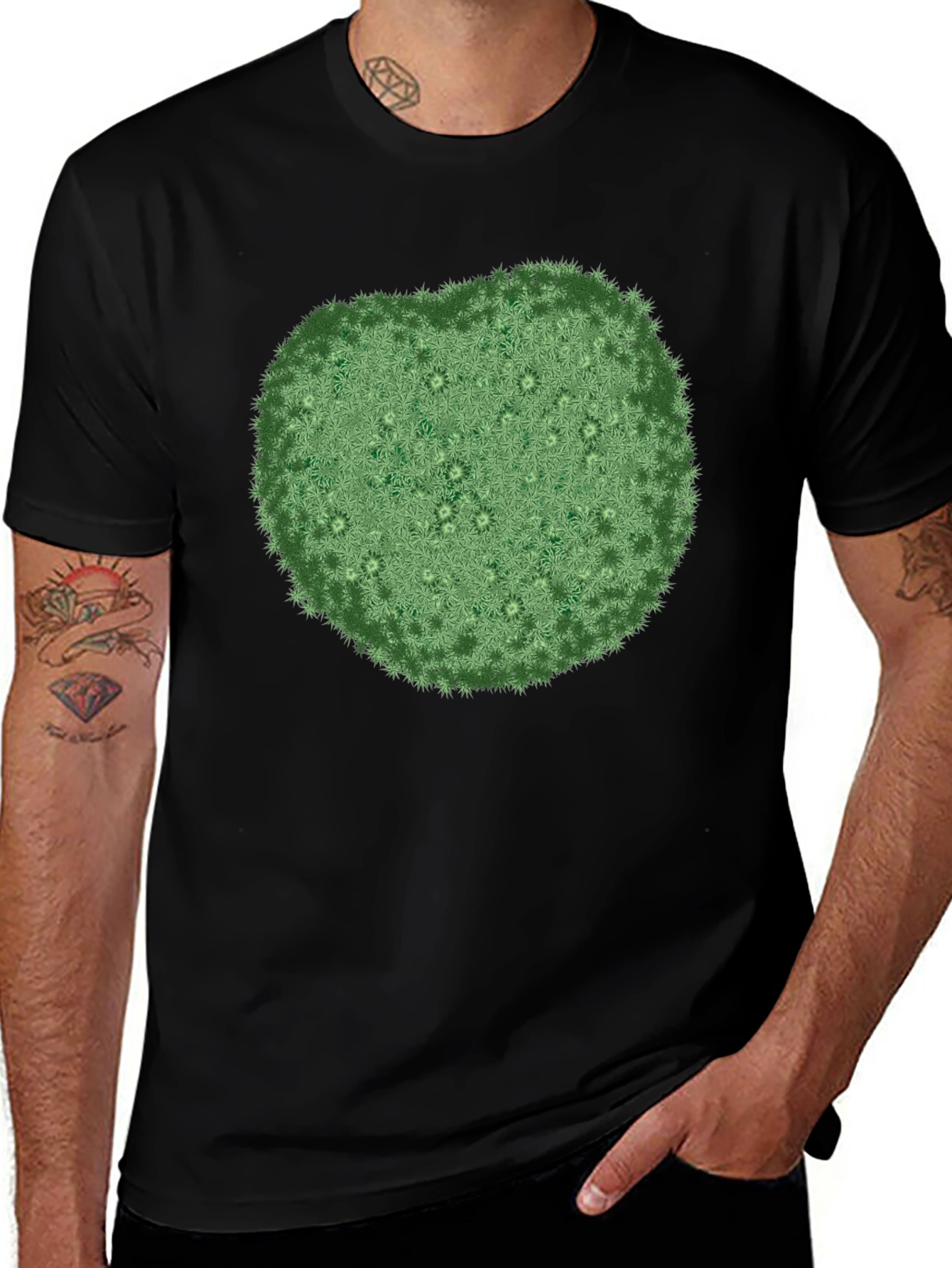 Unique Green Botanical Print Black T-Shirt