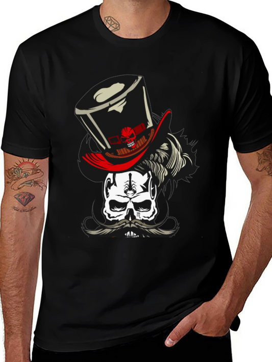 Skull with Top Hat Graphic Tee - Black Cotton T-Shirt