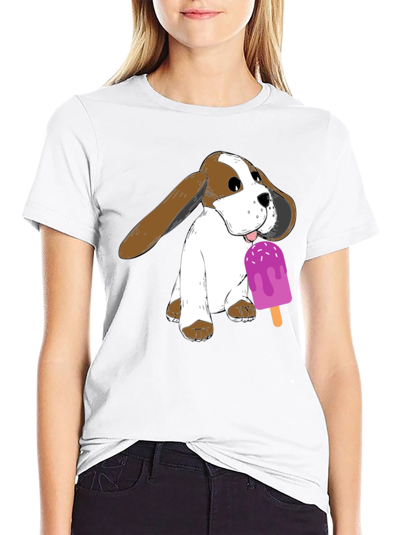 Dog with Popsicle Graphic T-Shirt - Black
