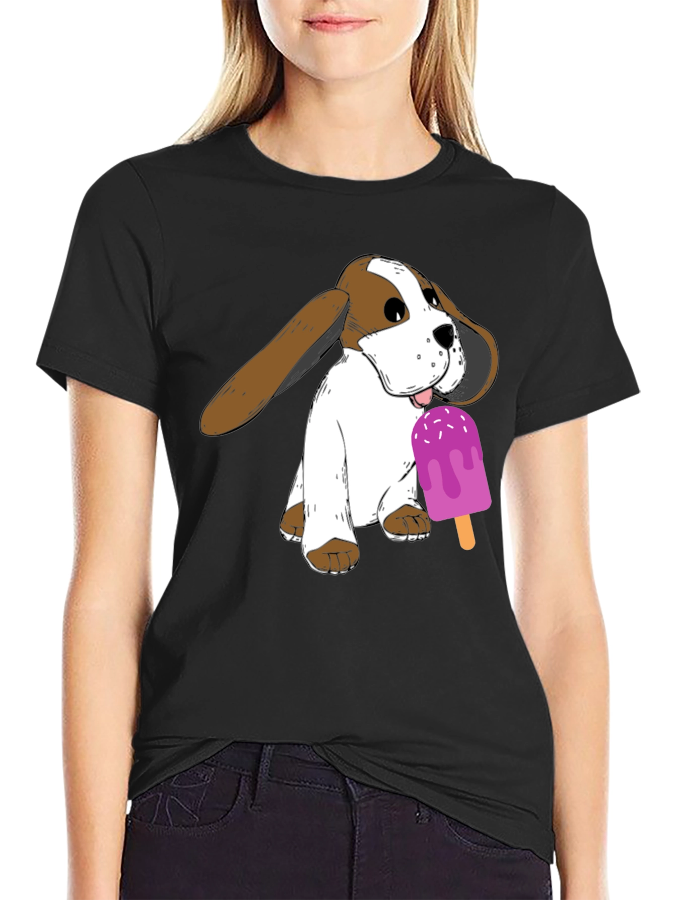 Dog with Popsicle Graphic T-Shirt - Black