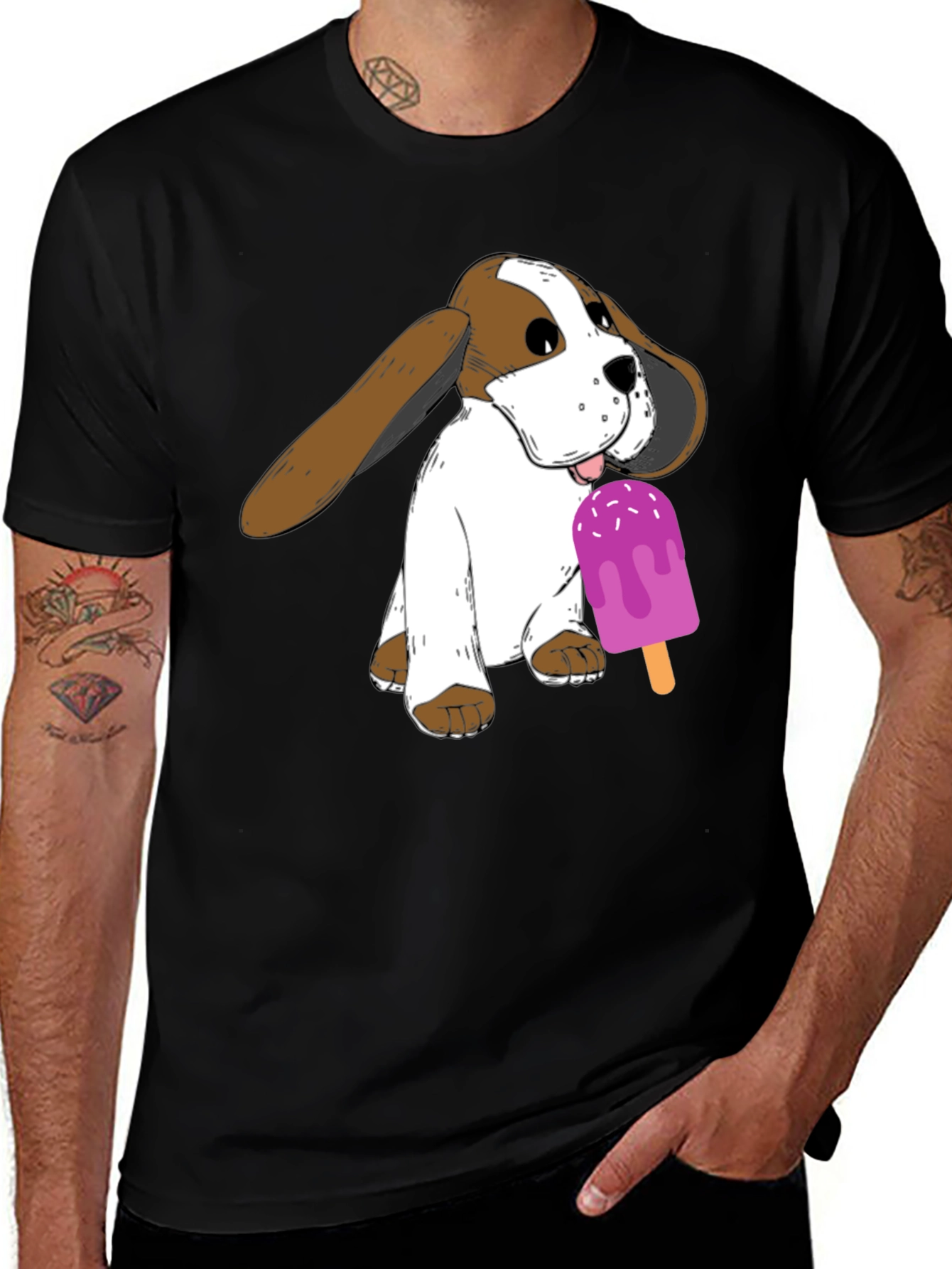 Dog with Popsicle Graphic T-Shirt - Black
