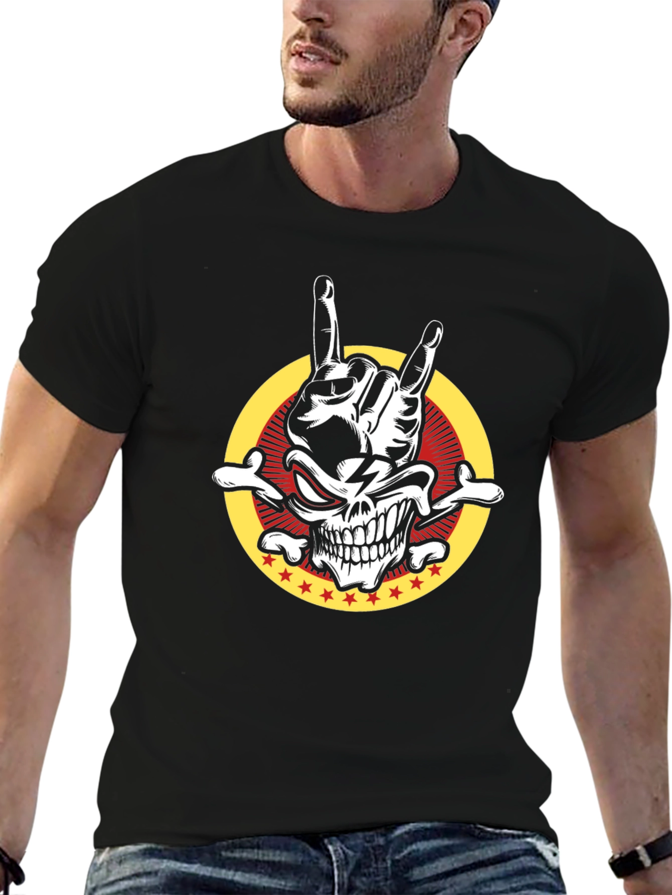 Rock On Skull Graphic Tee - Mens Black T-Shirt
