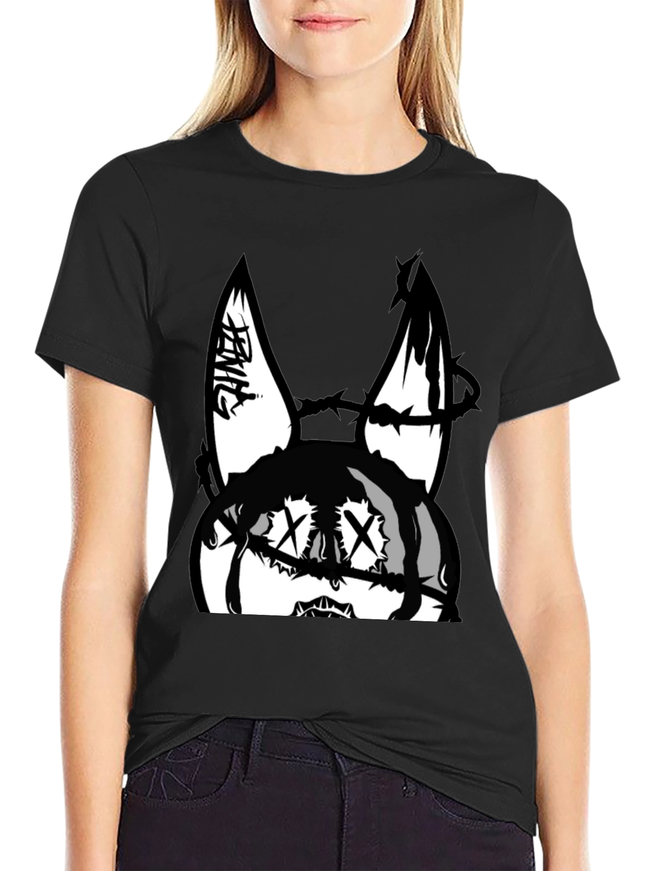Edgy Bunny Graphic Tee - Black Cotton