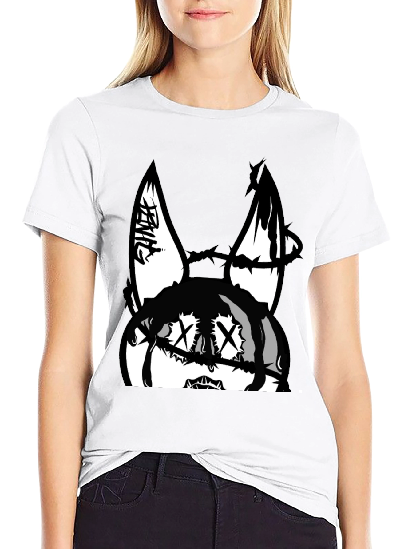 Edgy Bunny Graphic Tee - Black Cotton