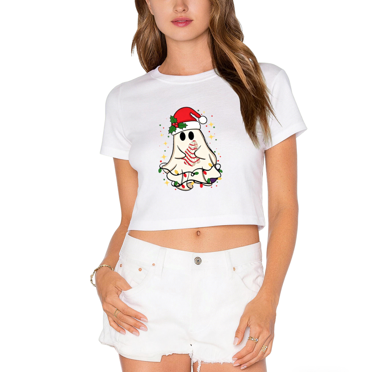 Spooky Cute Ghost Santa Hat Christmas Tree Cake Women Christmas Crop Top