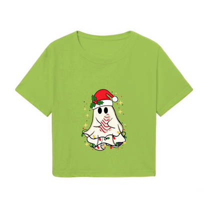 Spooky Cute Ghost Santa Hat Christmas Tree Cake Women Christmas Crop Top