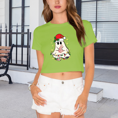Spooky Cute Ghost Santa Hat Christmas Tree Cake Women Christmas Crop Top