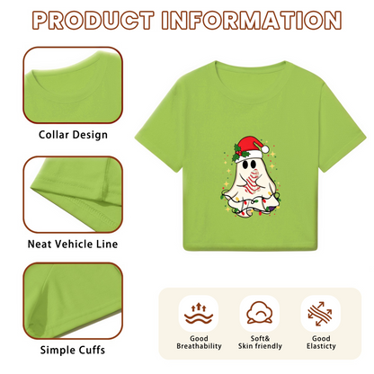 Spooky Cute Ghost Santa Hat Christmas Tree Cake Women Christmas Crop Top