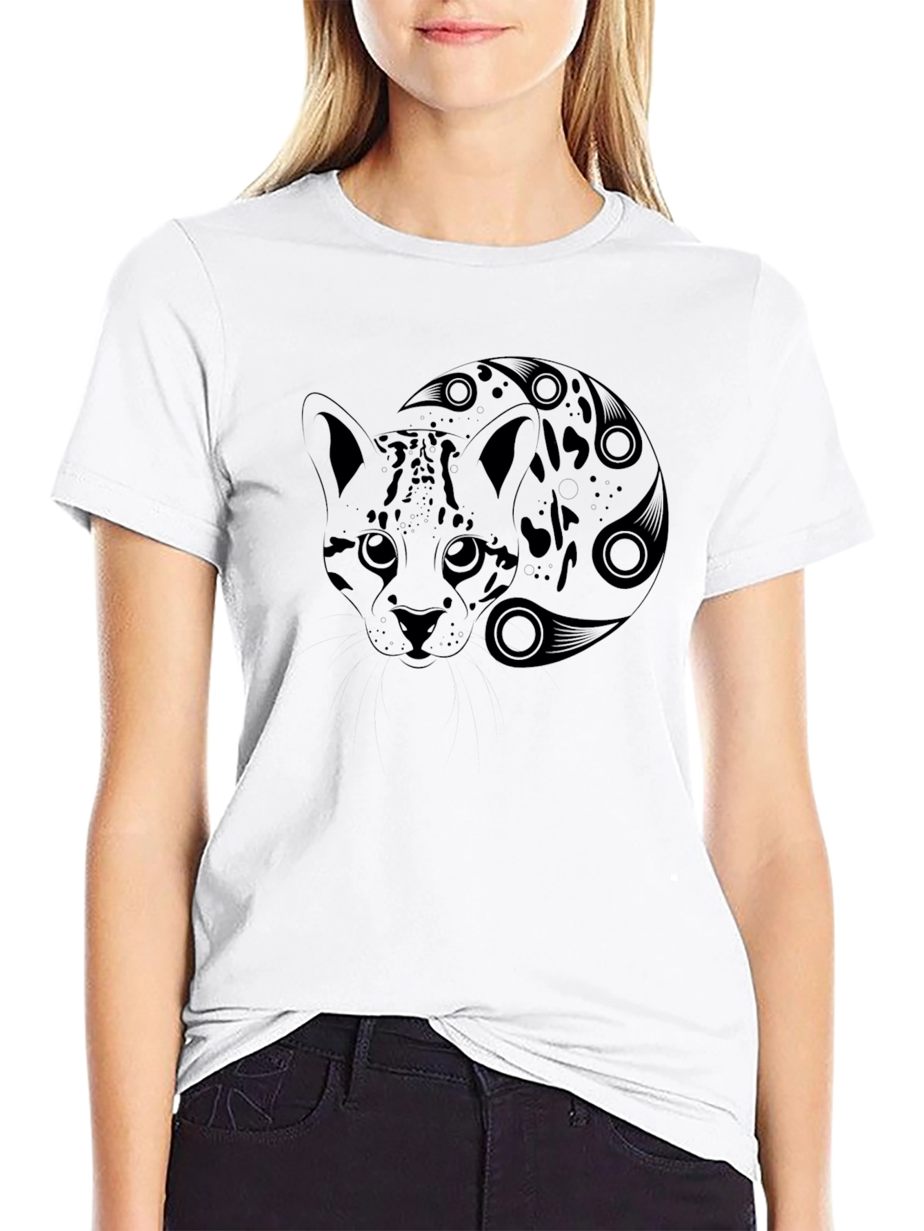 Tribal Cat Graphic Black T-Shirt