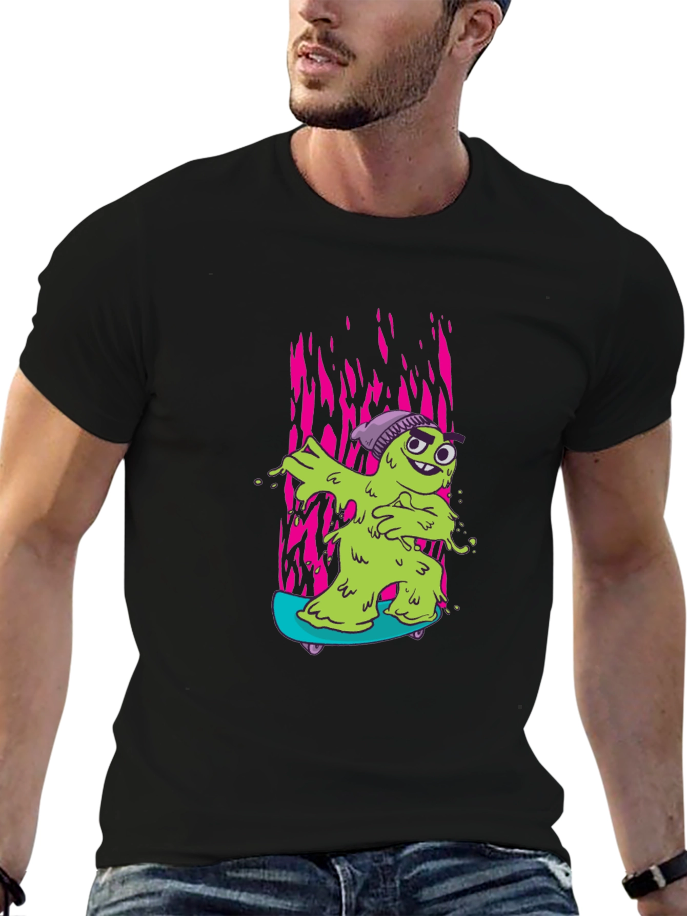 Cartoon Slime Monster Skateboard Graphic T-Shirt