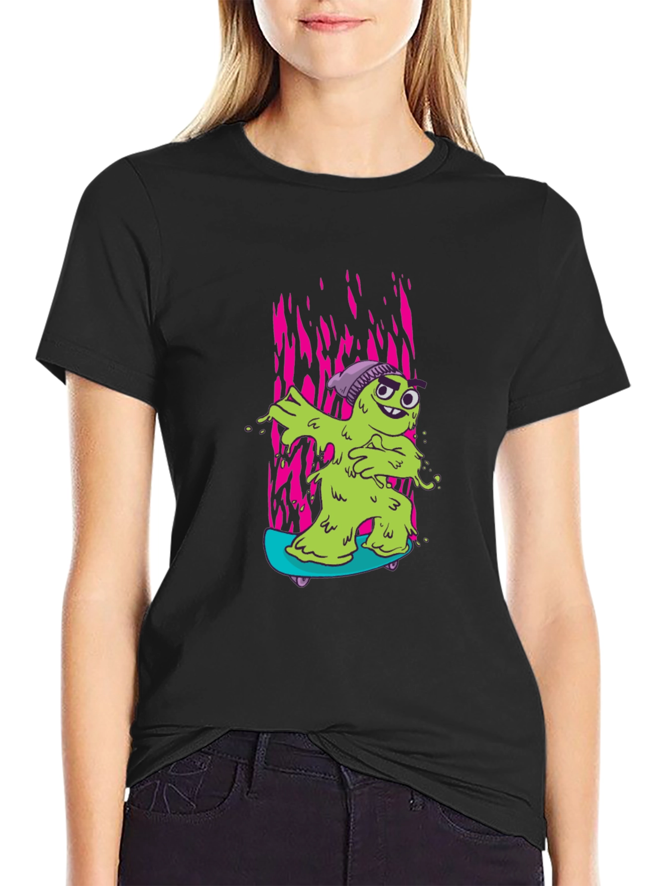 Cartoon Slime Monster Skateboard Graphic T-Shirt