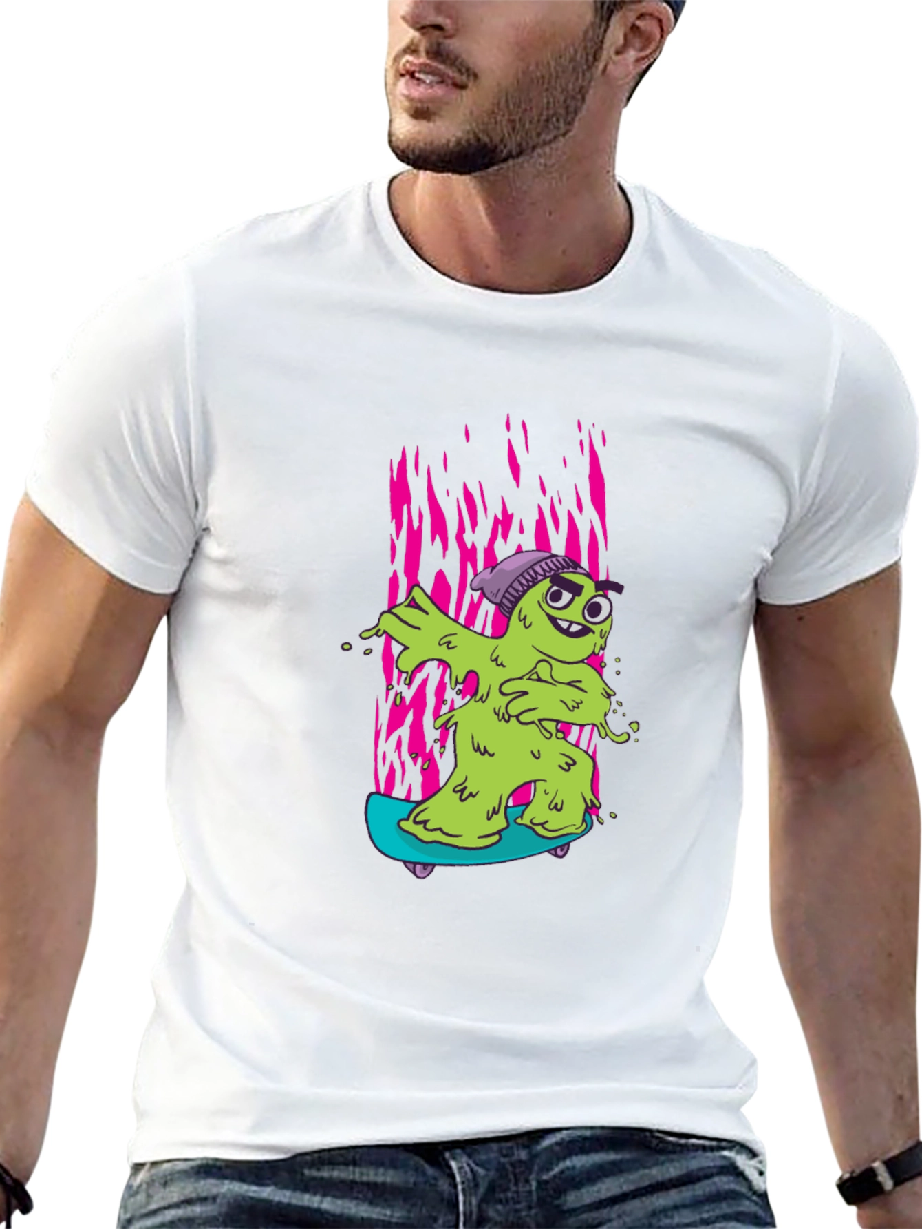 Cartoon Slime Monster Skateboard Graphic T-Shirt