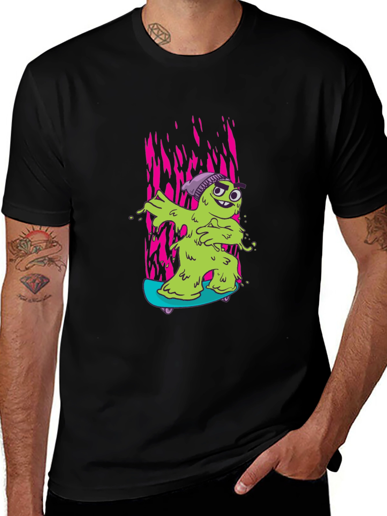 Cartoon Slime Monster Skateboard Graphic T-Shirt
