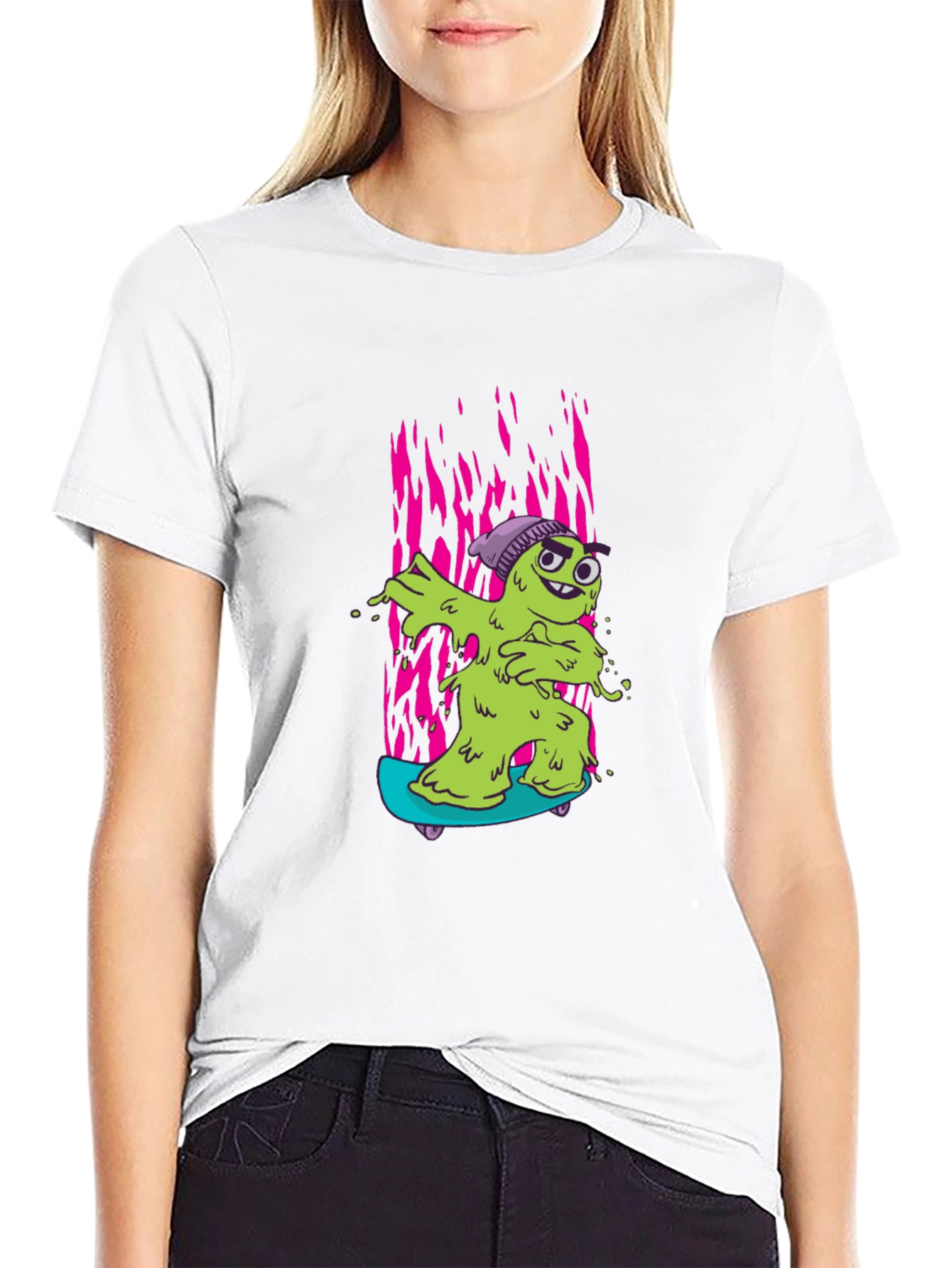 Cartoon Slime Monster Skateboard Graphic T-Shirt