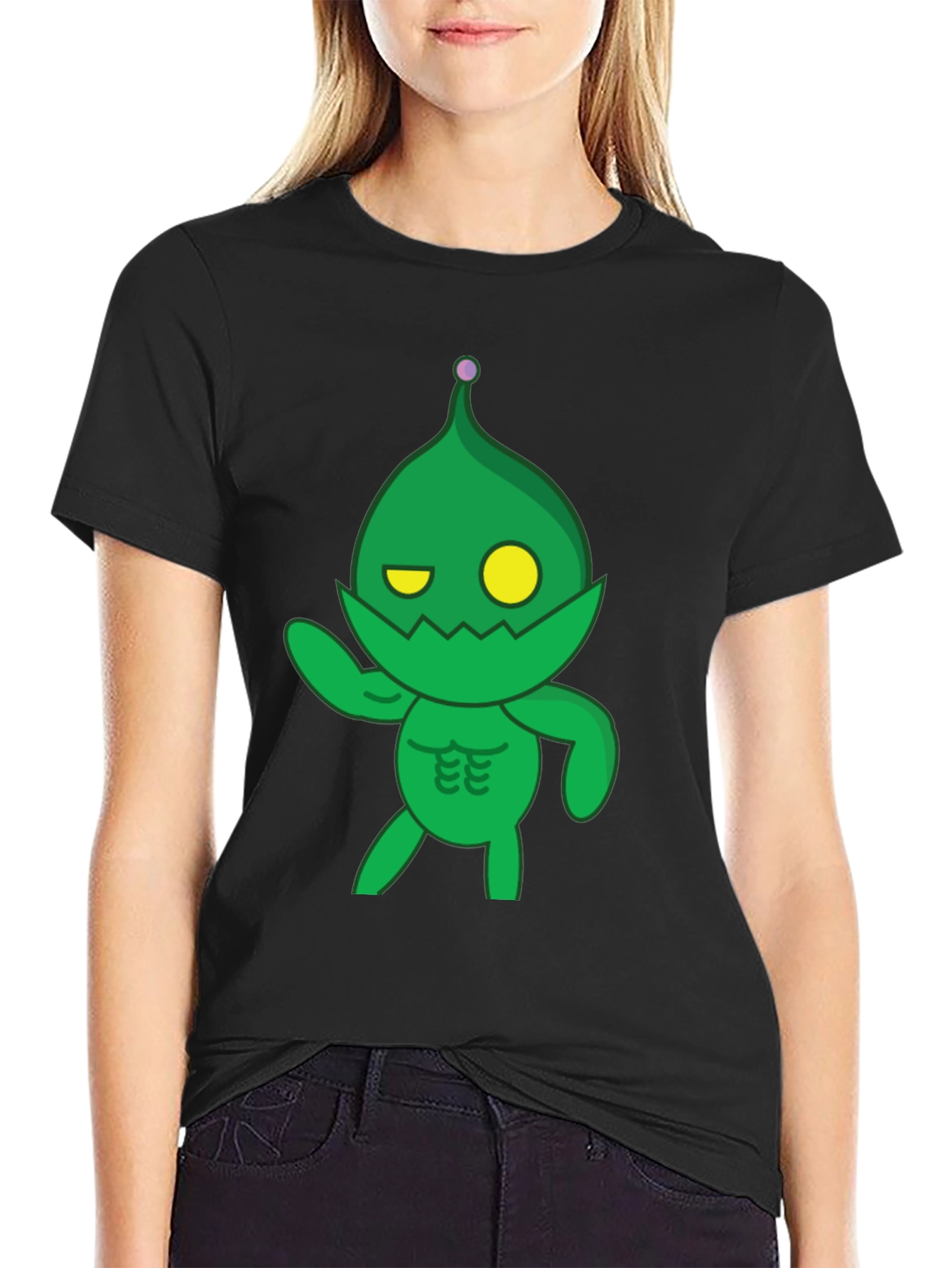 Green Cartoon Monster Black T-Shirt
