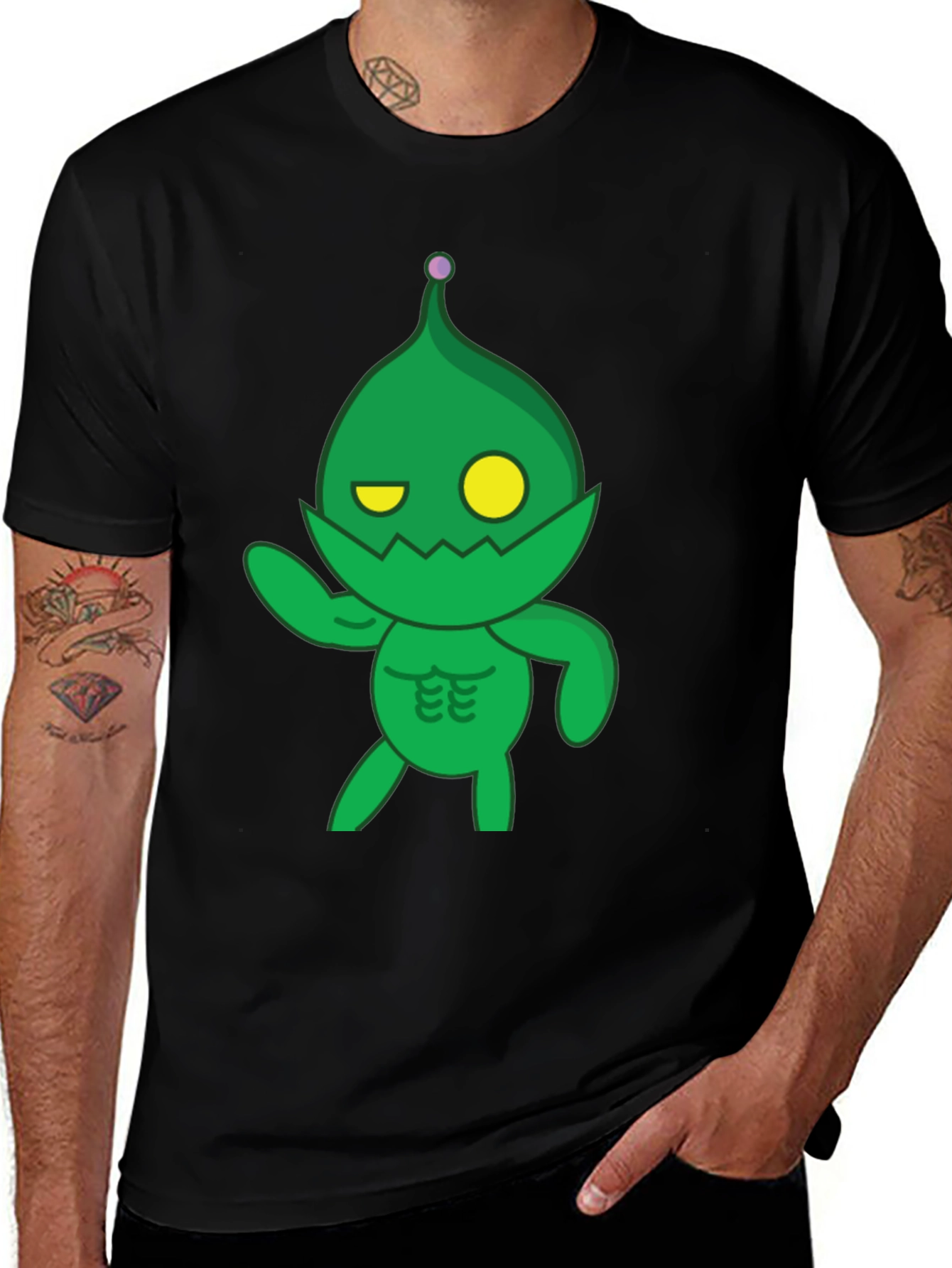 Green Cartoon Monster Black T-Shirt