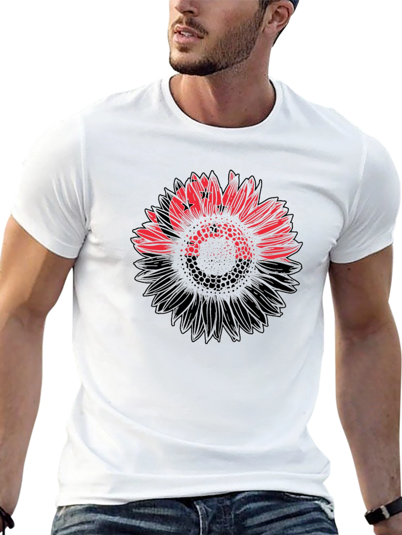 Mens Black T-Shirt with Sunflower Design