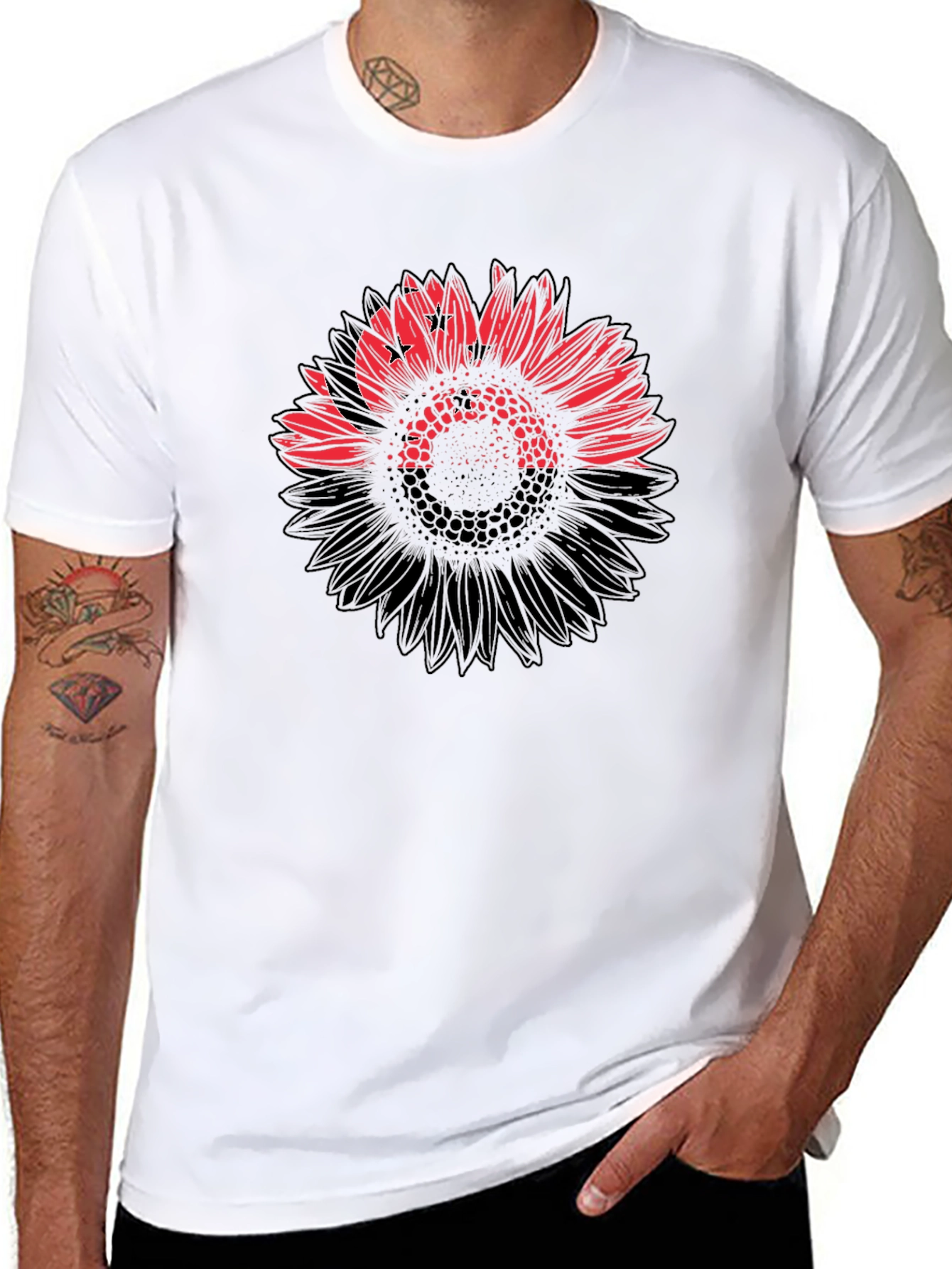 Mens Black T-Shirt with Sunflower Design