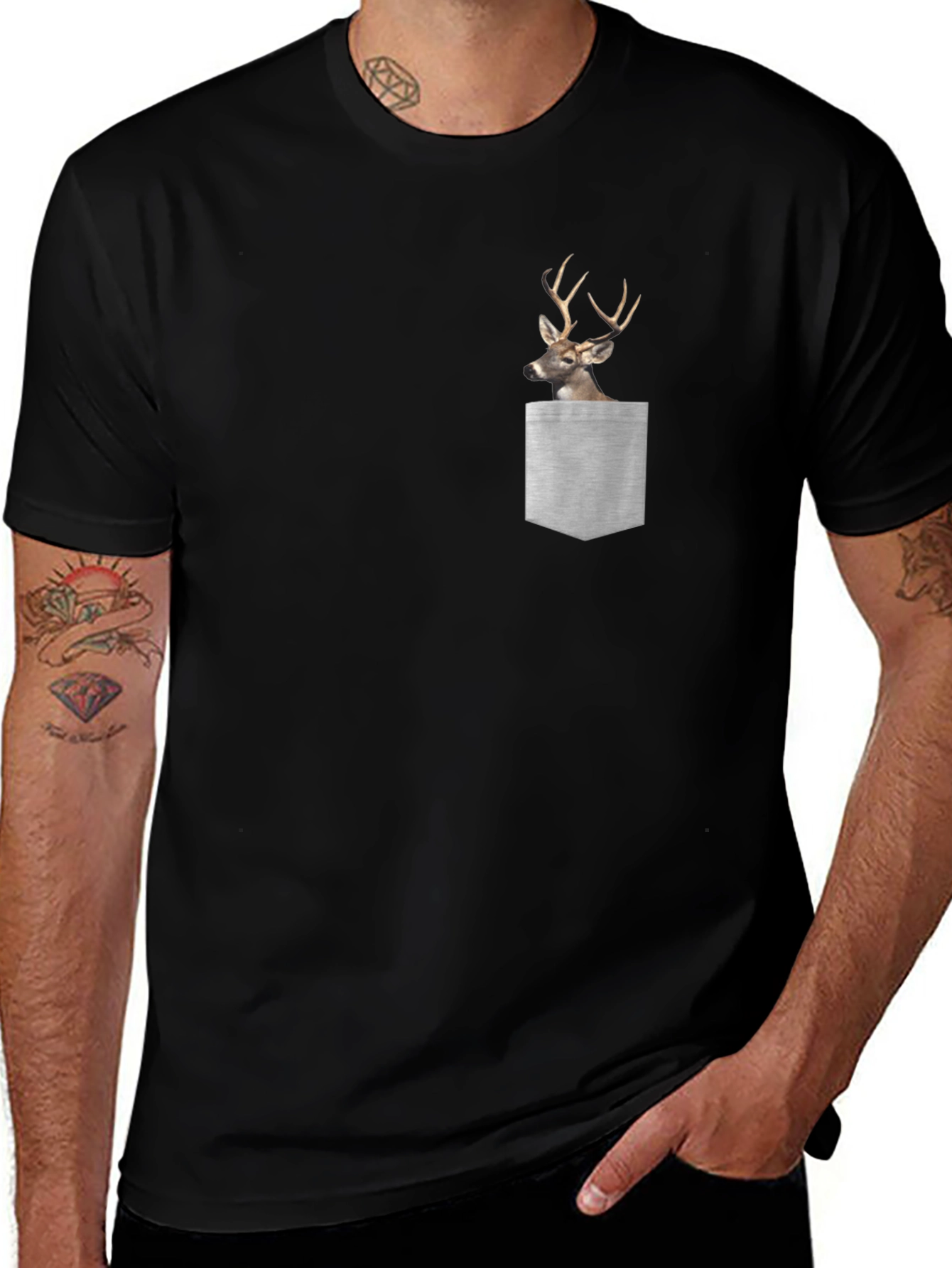 Deer Pocket Graphic Tee - Mens Black Cotton T-Shirt