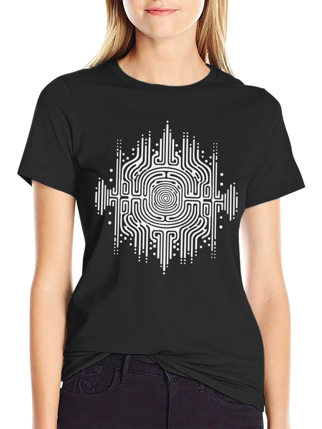 Geometric Maze Design Black T-Shirt