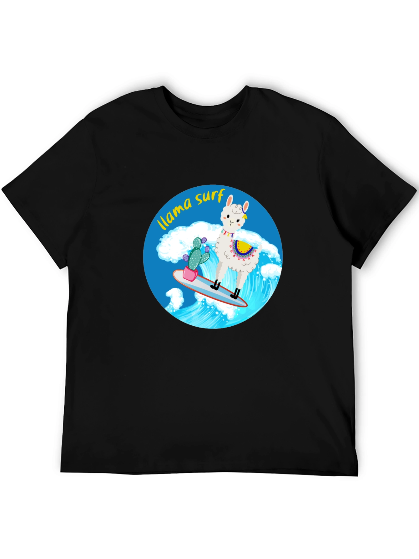 Llama Surf Graphic Tee - Black Cotton T-Shirt
