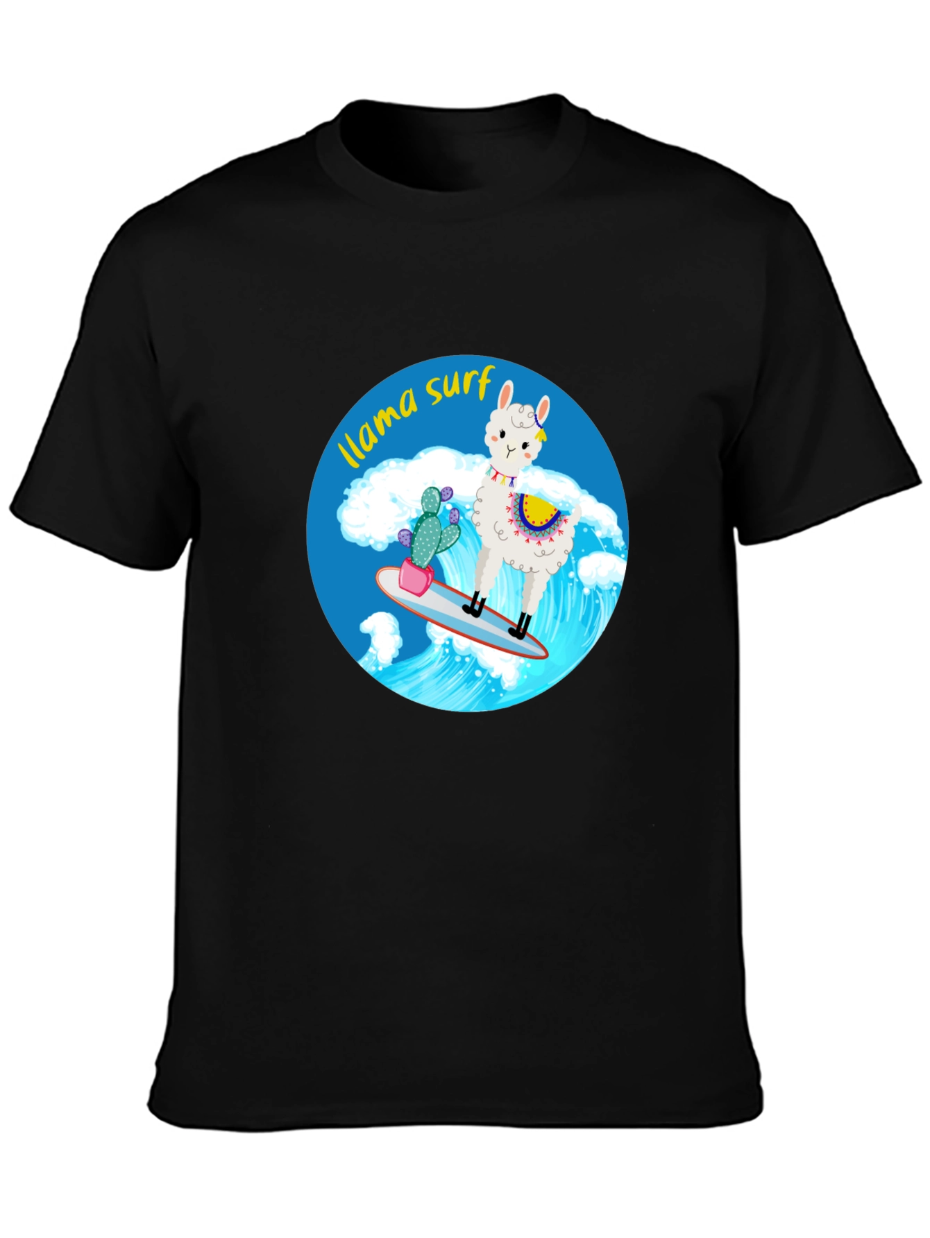 Llama Surf Graphic Tee - Black Cotton T-Shirt