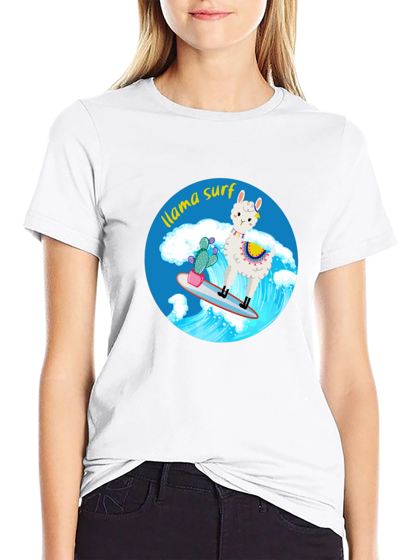 Llama Surf Graphic Tee - Black Cotton T-Shirt