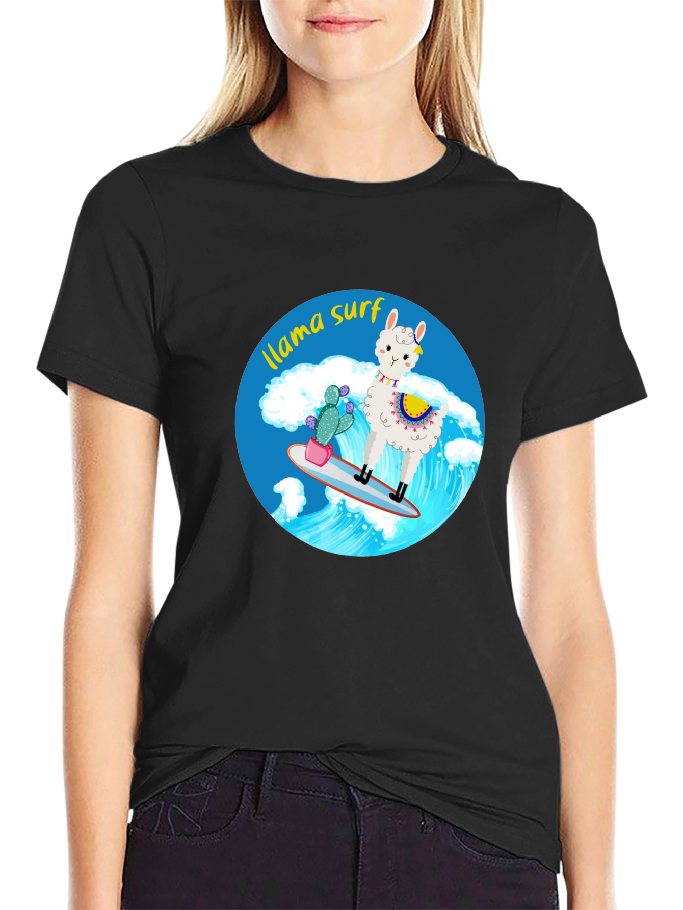 Llama Surf Graphic Tee - Black Cotton T-Shirt