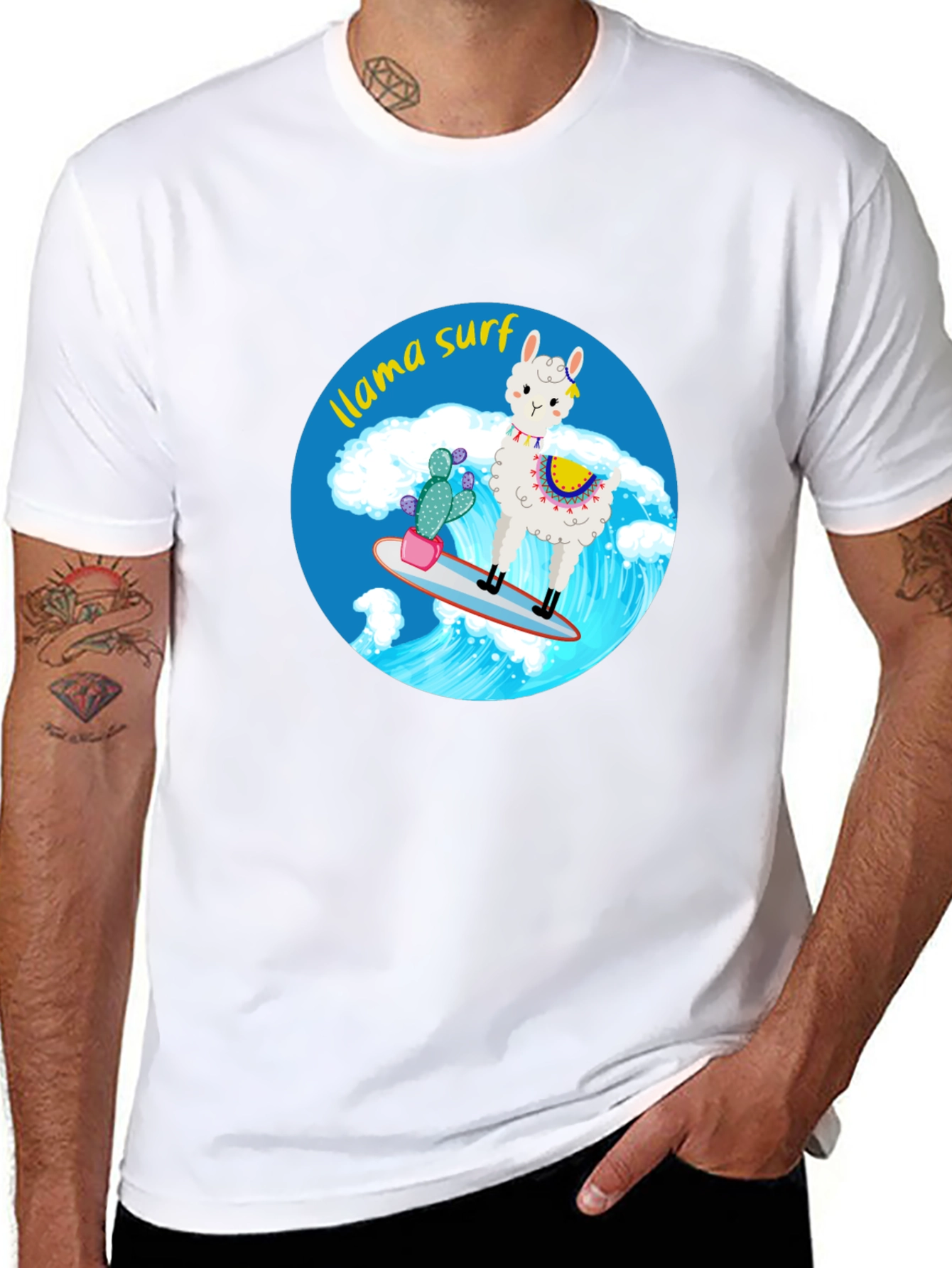 Llama Surf Graphic Tee - Black Cotton T-Shirt