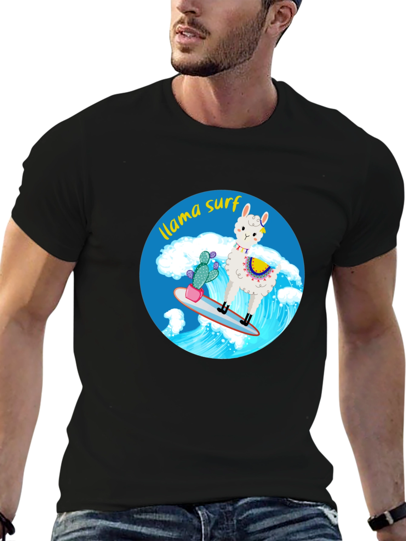 Llama Surf Graphic Tee - Black Cotton T-Shirt