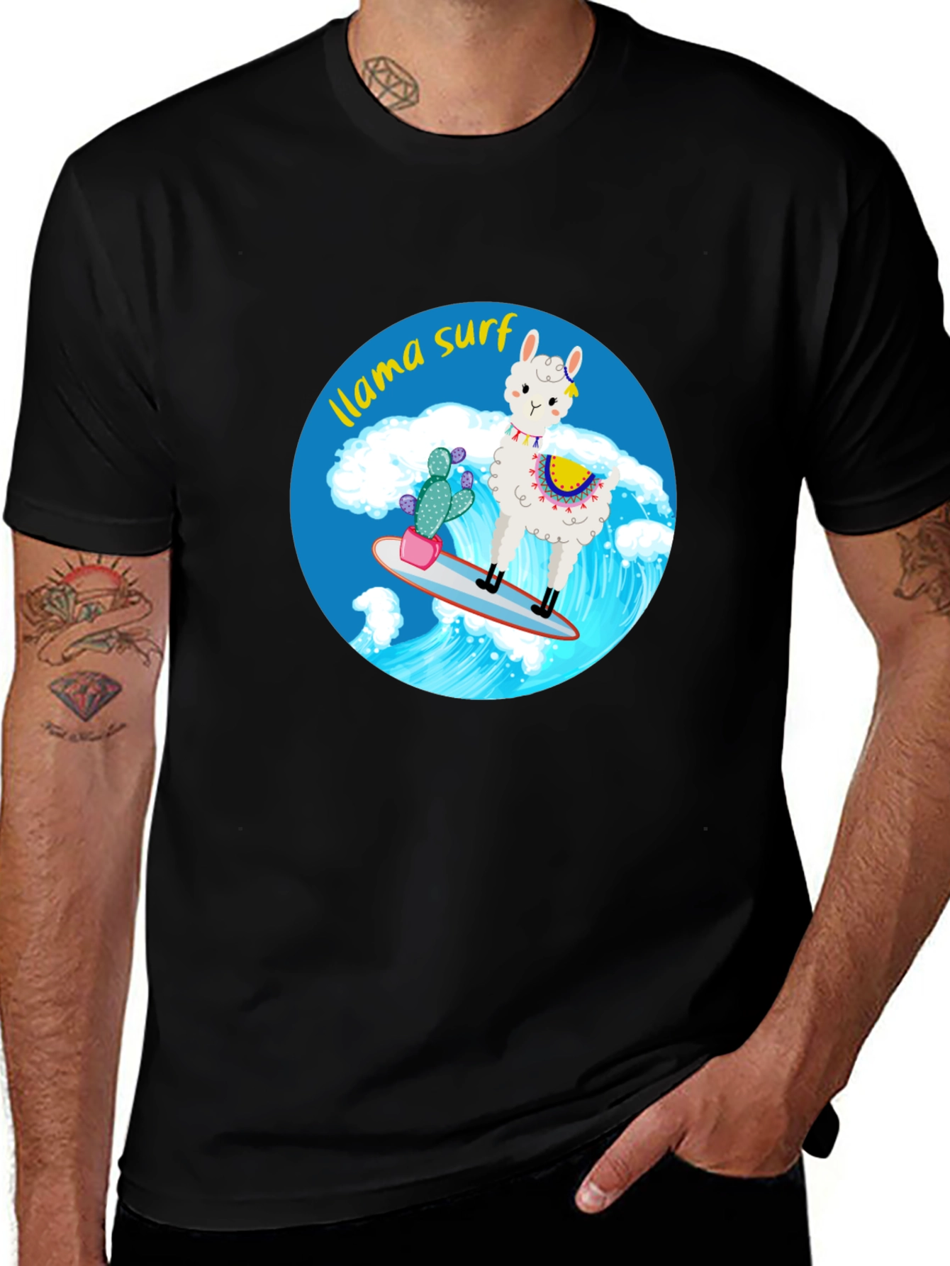 Llama Surf Graphic Tee - Black Cotton T-Shirt