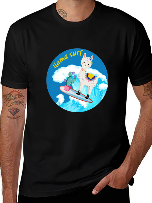 Llama Surf Graphic Tee - Black Cotton T-Shirt