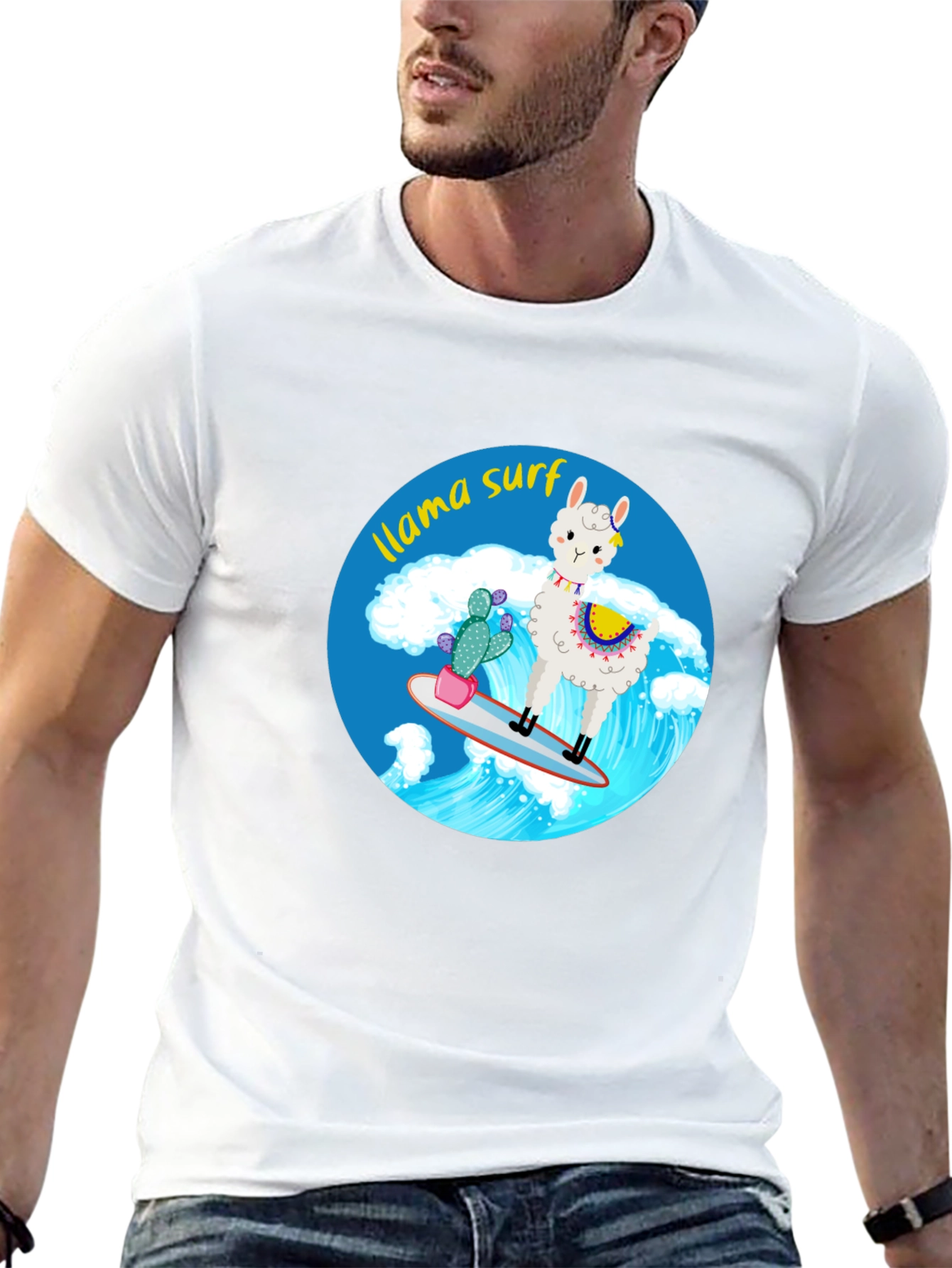 Llama Surf Graphic Tee - Black Cotton T-Shirt