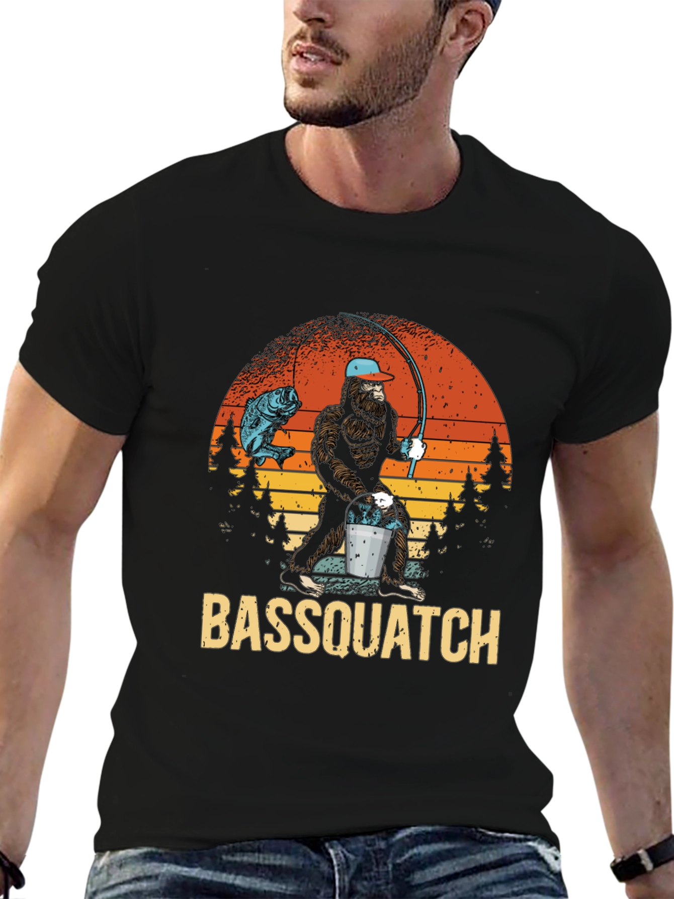 Bassquatch Fishing Graphic T-Shirt - Bigfoot Angler Tee