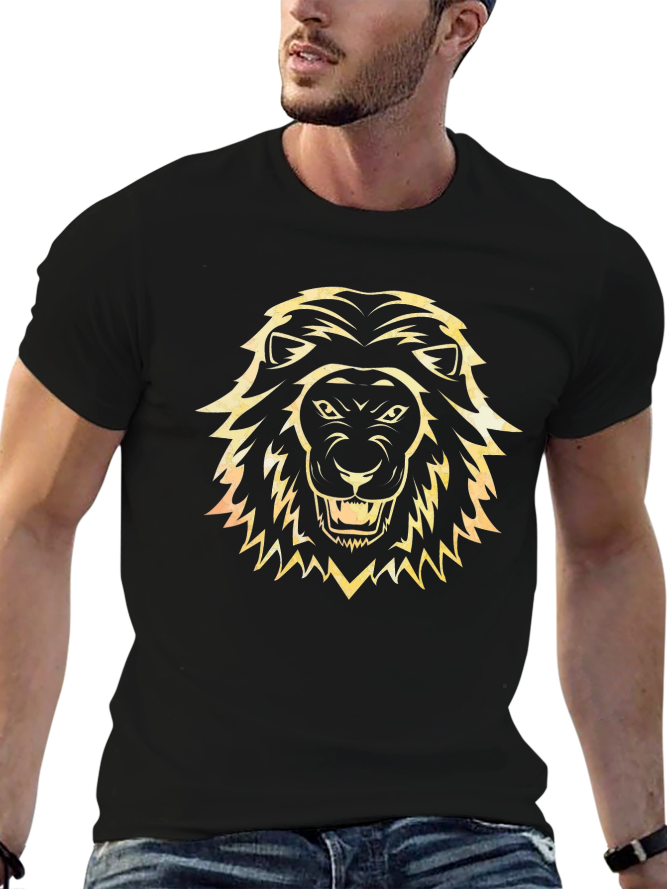 Lion Head Graphic Tee - Black Cotton T-Shirt