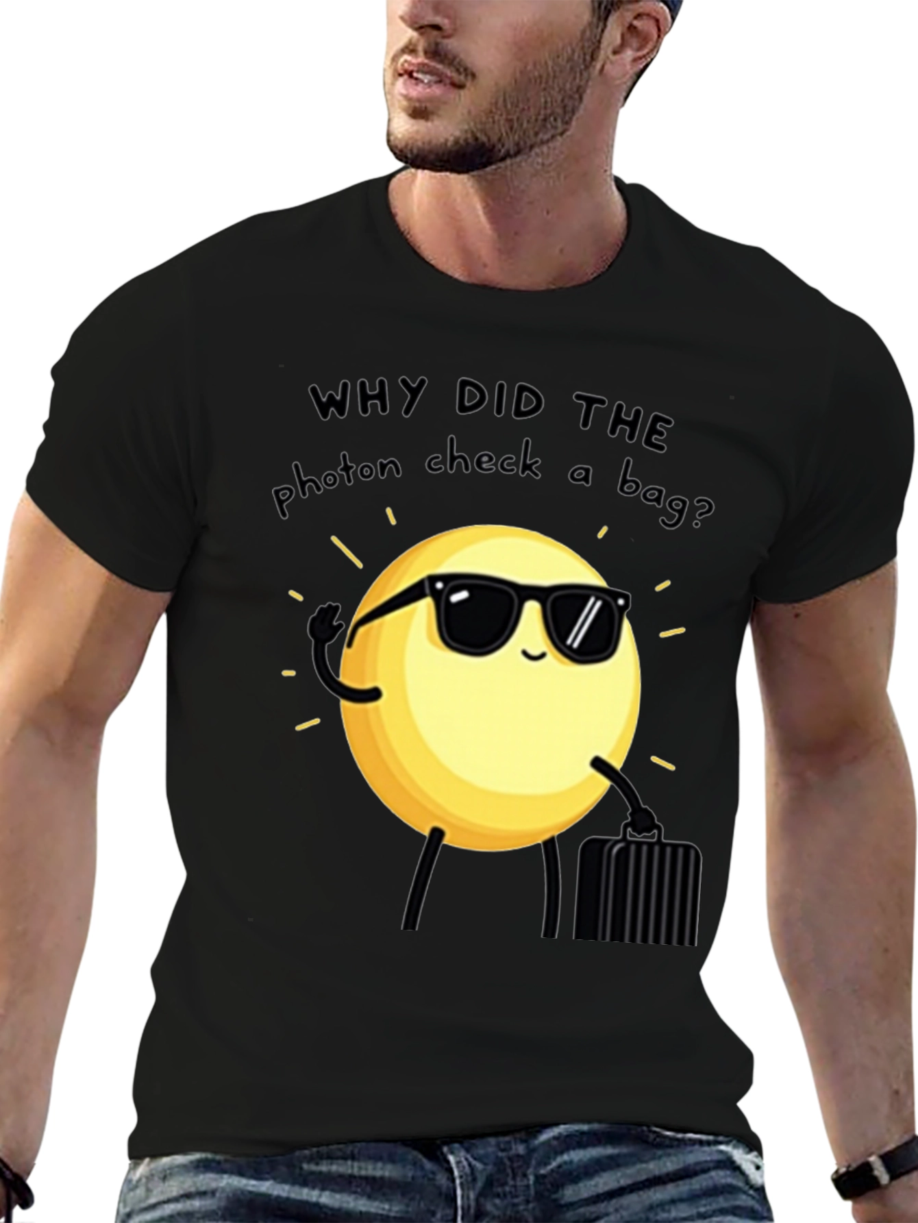 Funny Science Pun T-Shirt - Photon Checked a Bag