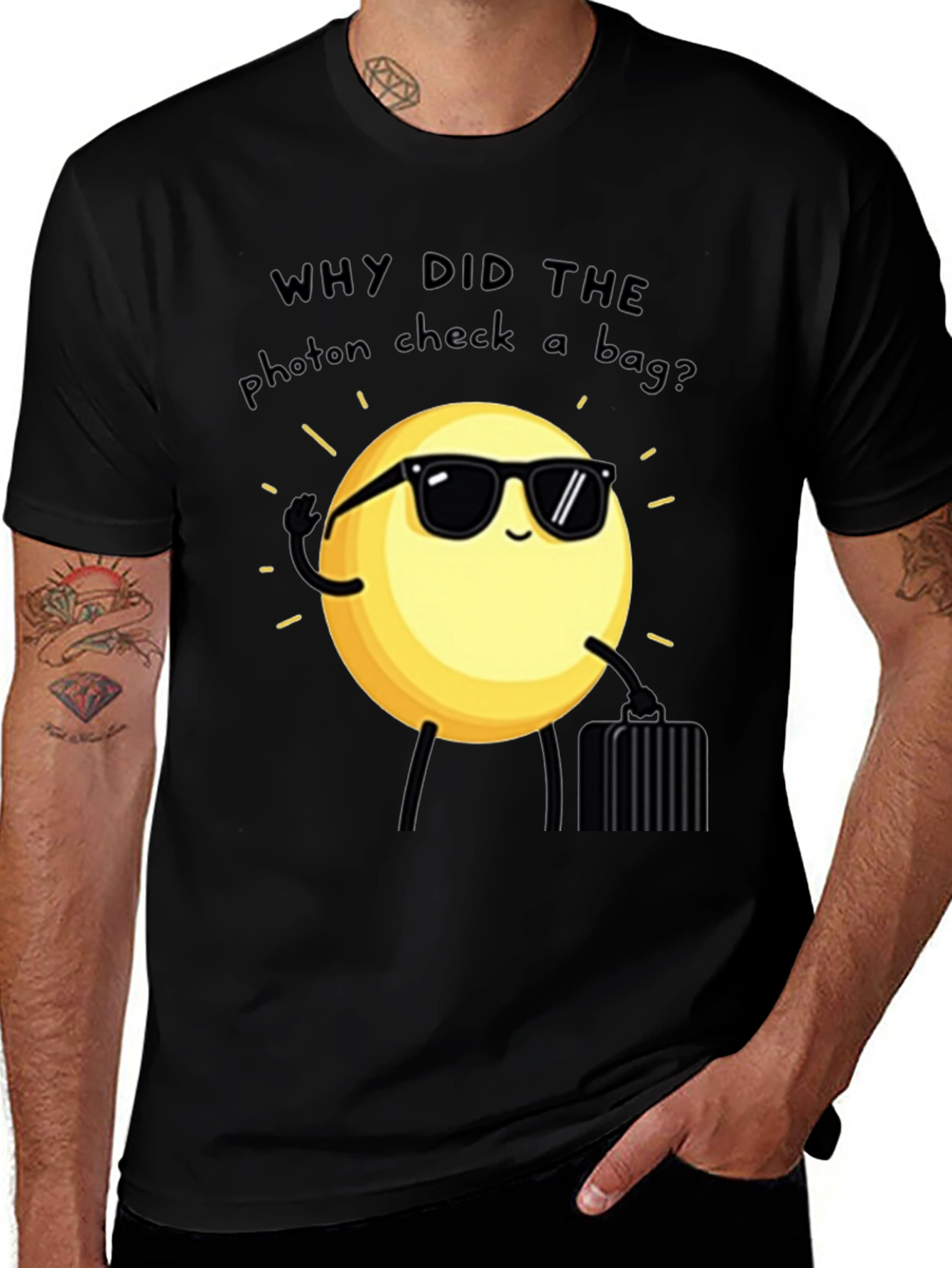 Funny Science Pun T-Shirt - Photon Checked a Bag