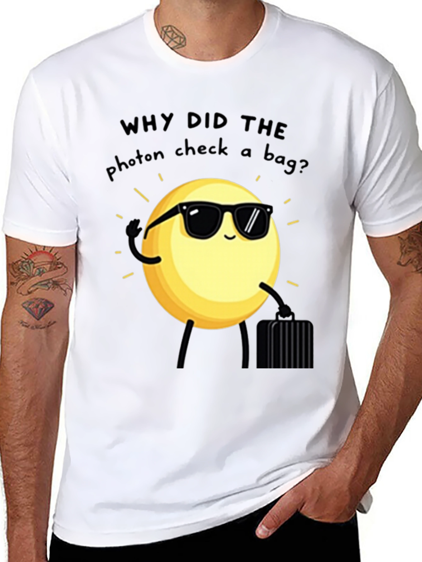 Funny Science Pun T-Shirt - Photon Checked a Bag