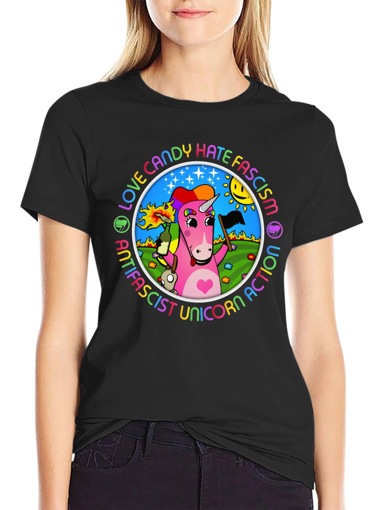 Antifascist Unicorn Action Graphic Tee